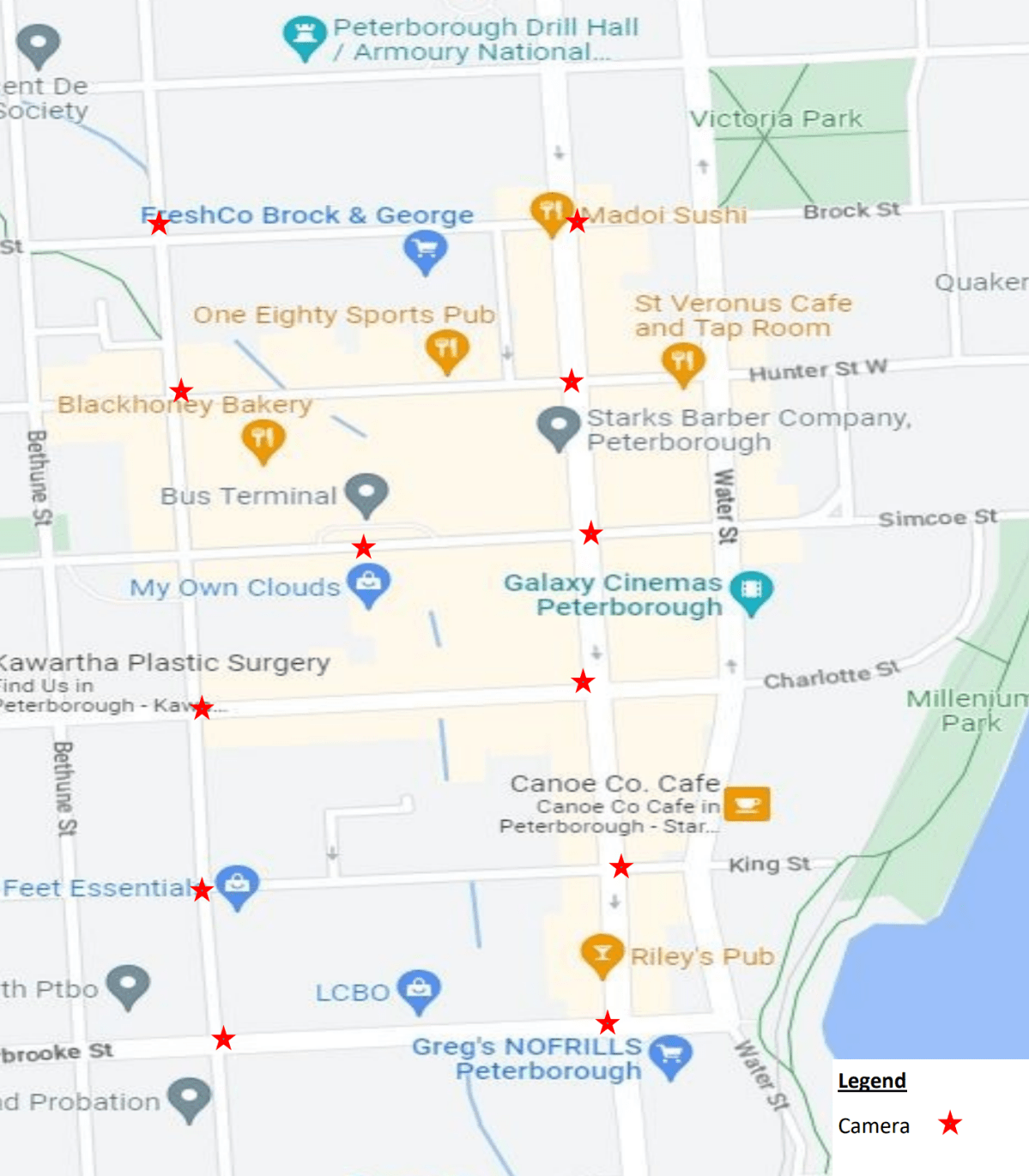 Stars on the map of downtown Peterborough indicate where CCTV cameras will be installed along intersections at both George and Aylmer streets.