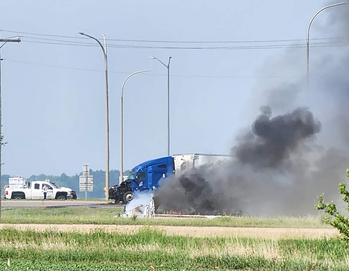 A crash, as shown in this handout image provided by Nirmesh Vadera, has closed a section of the Trans-Canada Highway near Carberry, Manitoba on Thursday June 15, 2023. RCMP have posted on social media that they are on the scene of a very serious collision near the intersection of Highway 1 and Highway 5. THE CANADIAN PRESS/HO-Nirmesh Vadera