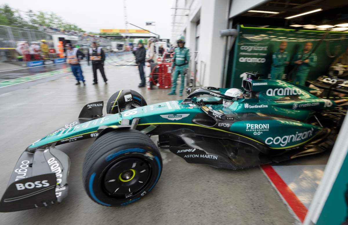 Aston Martin driver Lance Stroll of Canada, leaves his garage for the third practice session at the Canadian Grand Prix Saturday, June 17, 2023 in Montreal.