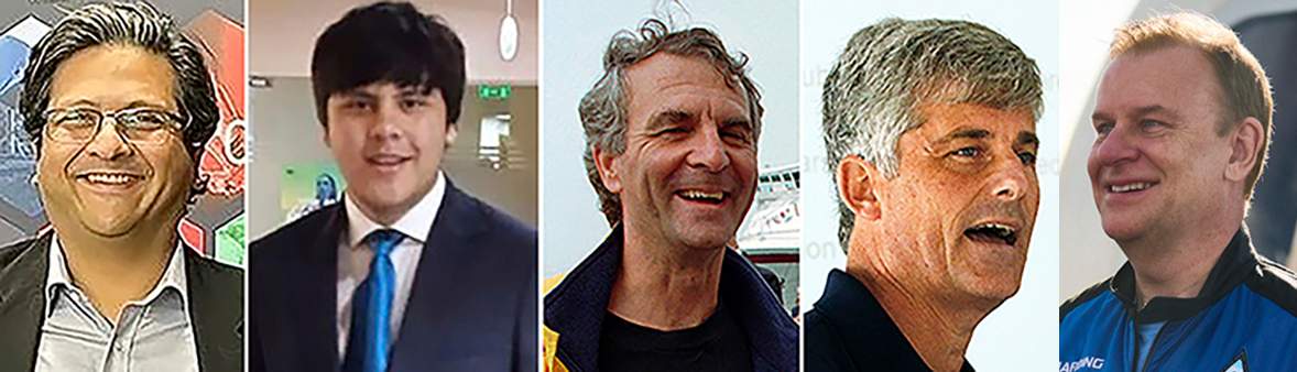 This photo combo shows from left, Shahzada Dawood, Suleman Dawood, Paul-Henry Nargeolet, Stockton Rush and Hamish Harding, who were aboard the Titan.