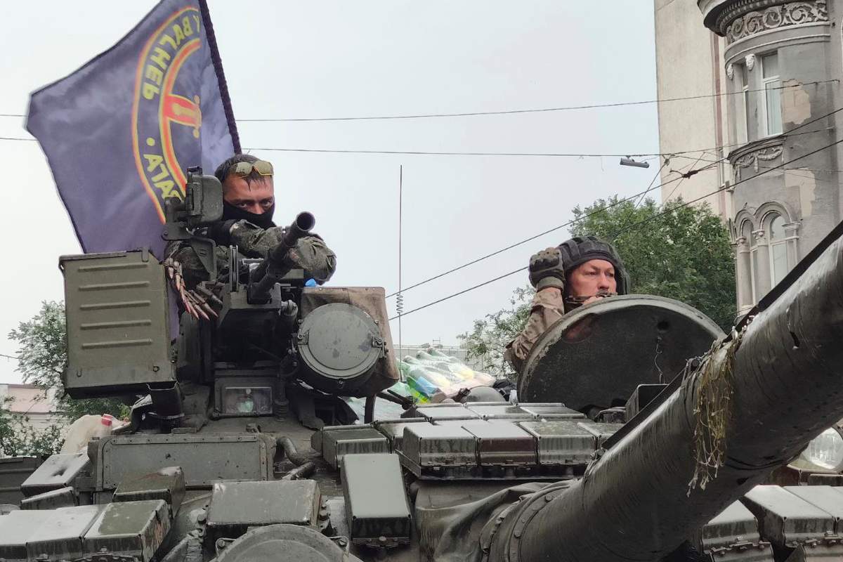 Tank with the flag of the Wagner Group, Rostov-on-Don, Russia, June 24, 2023. (AP Photo)