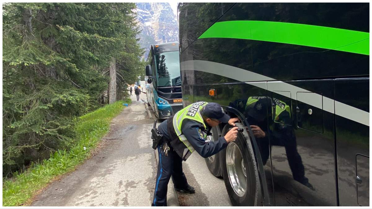 RCMP, with support from Alberta Sheriffs and Park Wardens, conducted roadside inspections on Moraine Lake Road buses between June 21 and 23. (Supplied/RCMP)