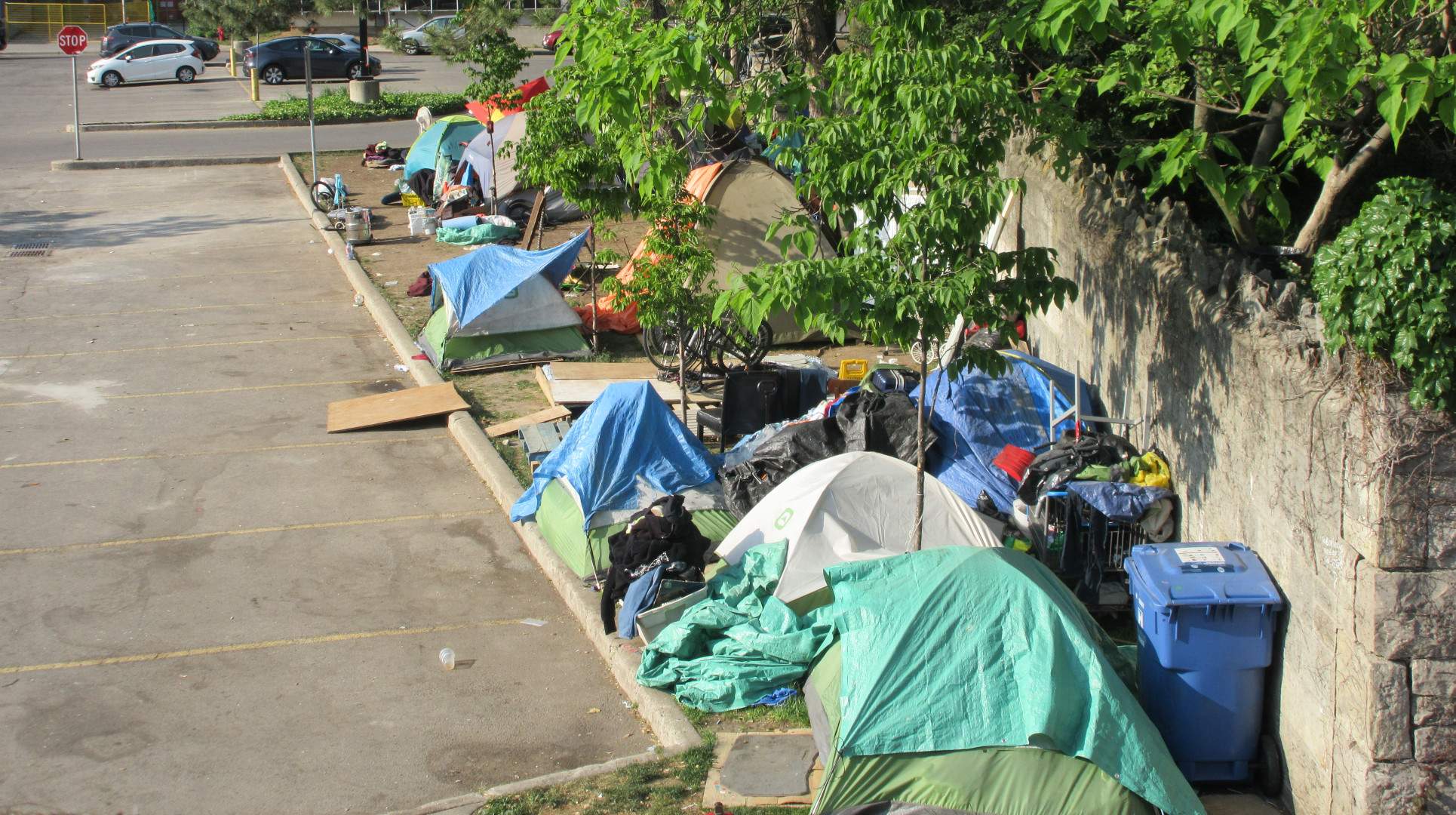 A picture from June 1, 2023 of the so-called 'Whitehern' encampment near city hall in Hamilton, Ont. A deep-dive into Hamilton's experience with homeless encampments shows just how complicated the issue is.