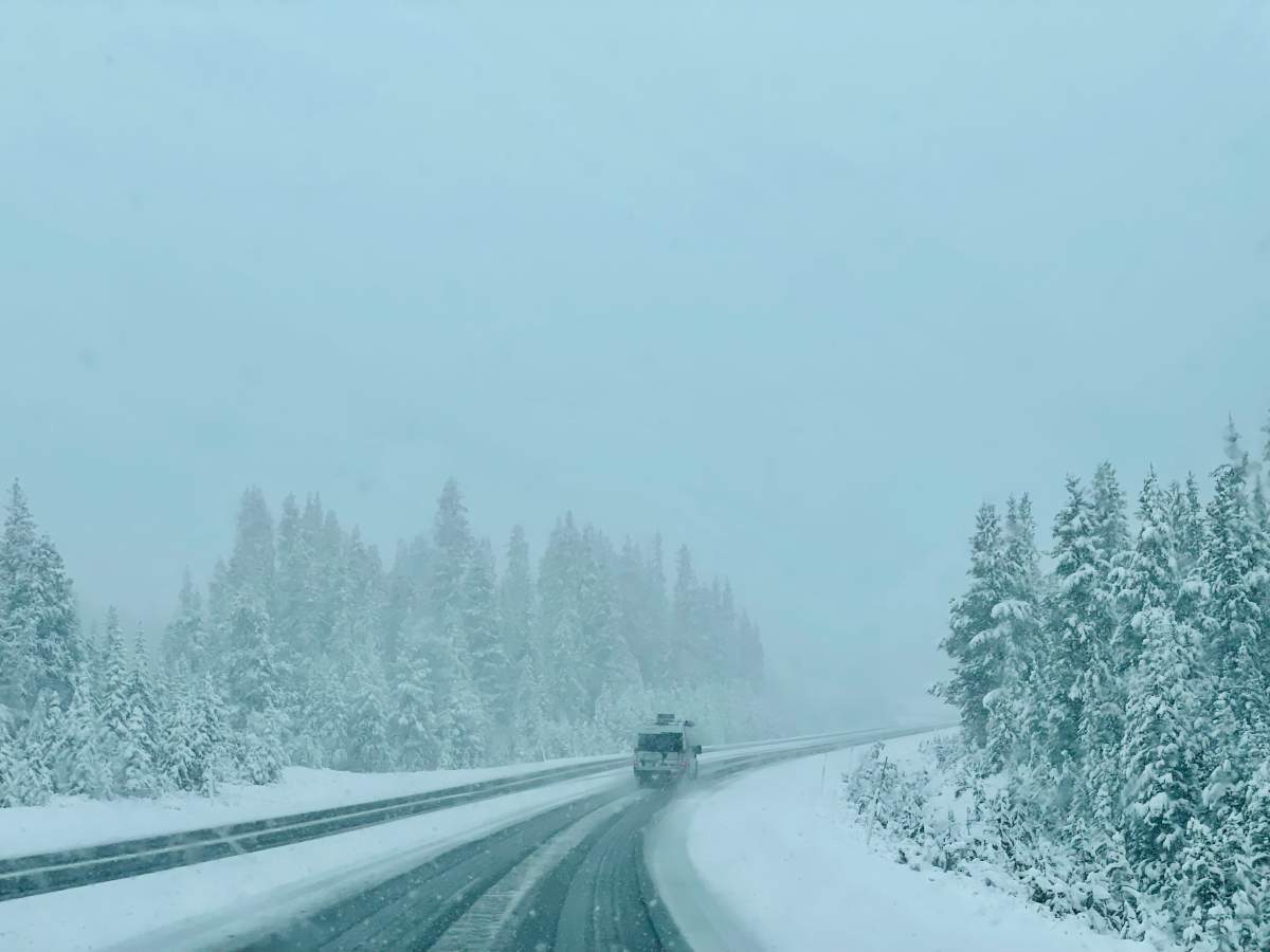 A photo sent in by a Global Calgary viewer showed snow and limited visibility on the highways from Bow Lake towards Jasper National Park.