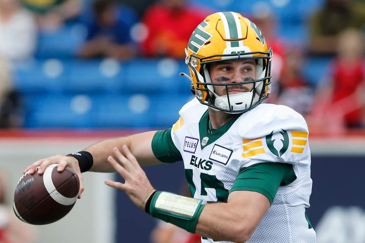 Elks QB Jarret Doege drops back to pass against the Calgary Stampeders in pre-season action