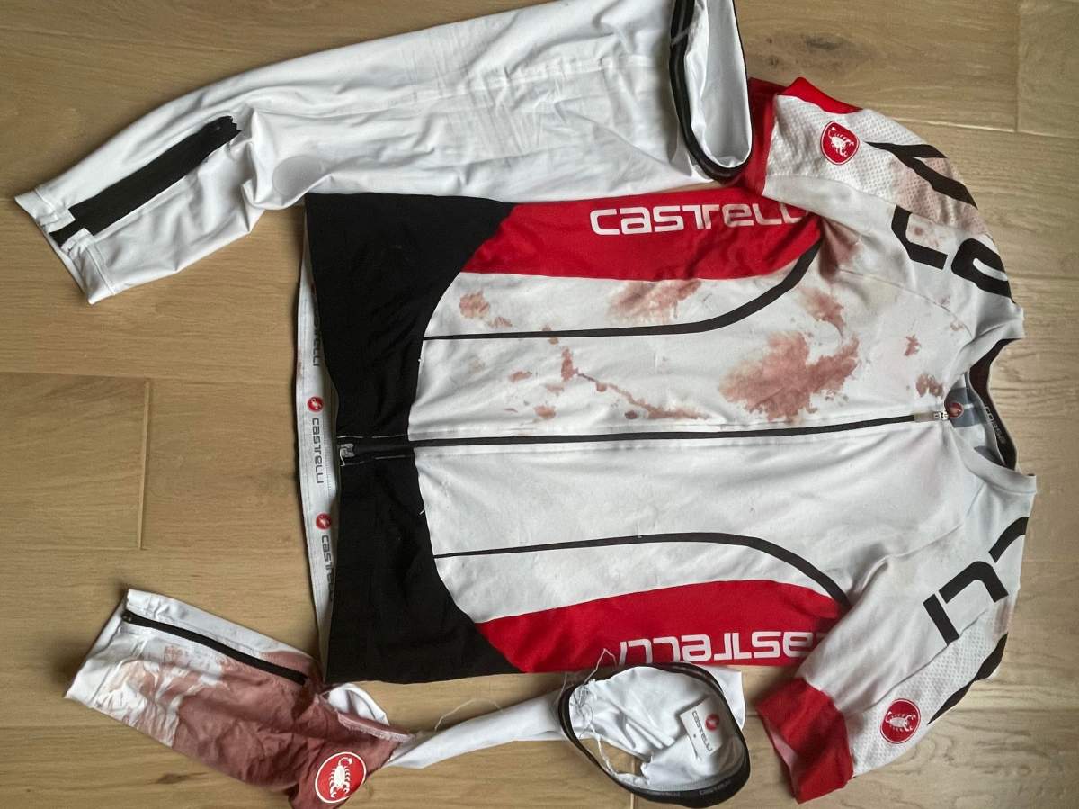 Photo of Kai Schmidt’s cyclewear following a May 2023 attack on the rail trail between Paris and Glen Morris in Brant County.