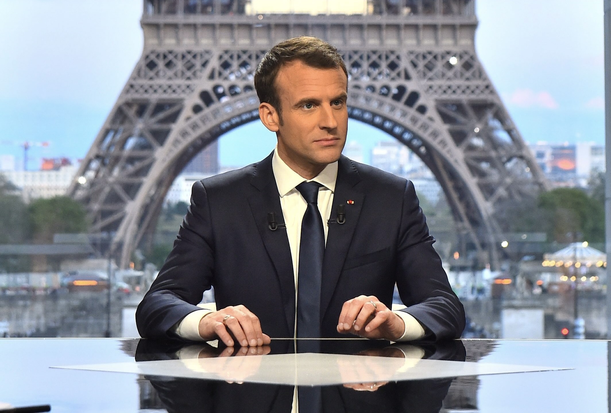 French President Emmanuel Macron on April 15, 2018, after the U.S., Britain and France announced airstrikes in response to a suspected chemical weapons attack in Syria. Eliot Blondet/ABACAPRESS.COM