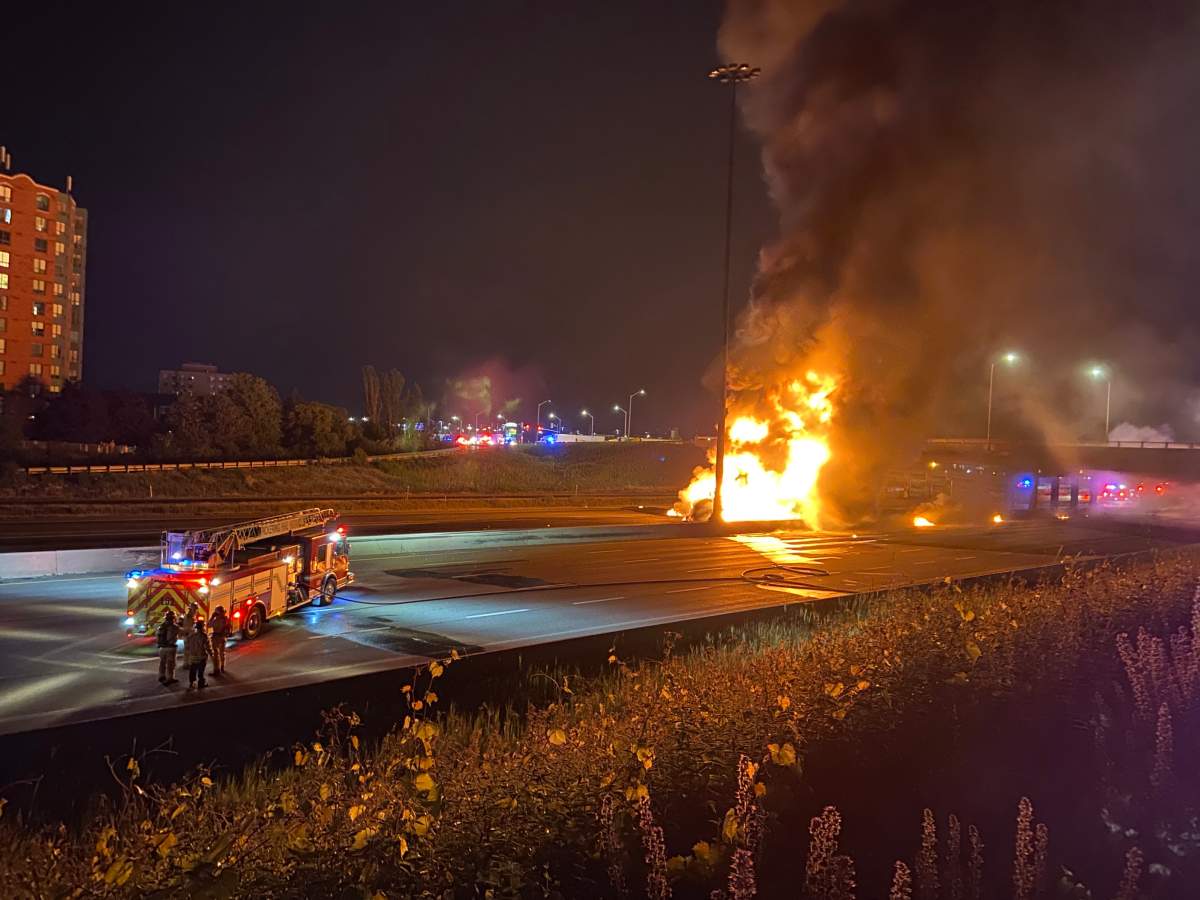 Fiery crash on Highway 401 in Pickering near Brock Road on June 20, 2023.
