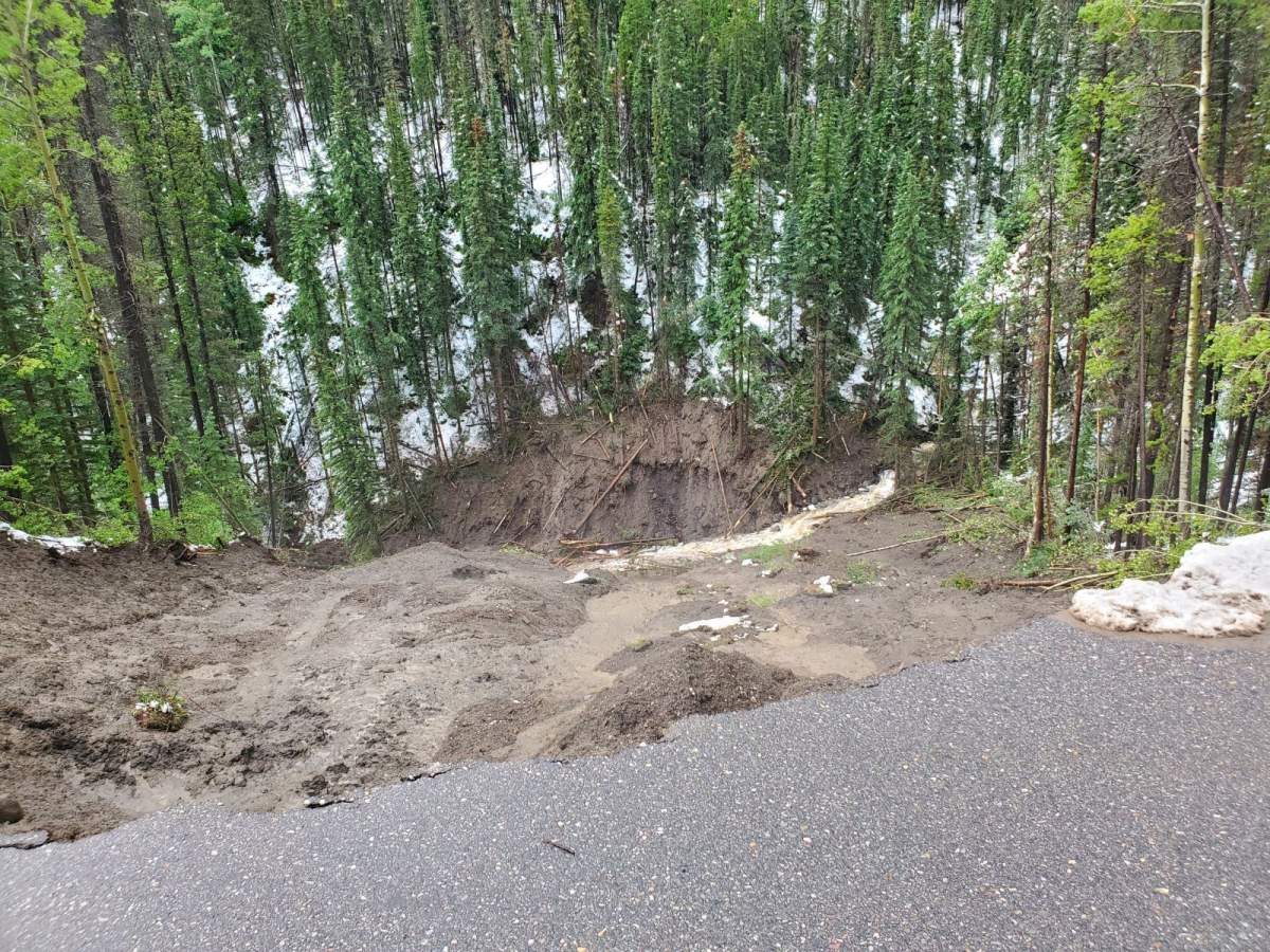 Heavy rain and snow caused part of Miette Road to wash out in Jasper National Park. Photo taken June 20, 2023.