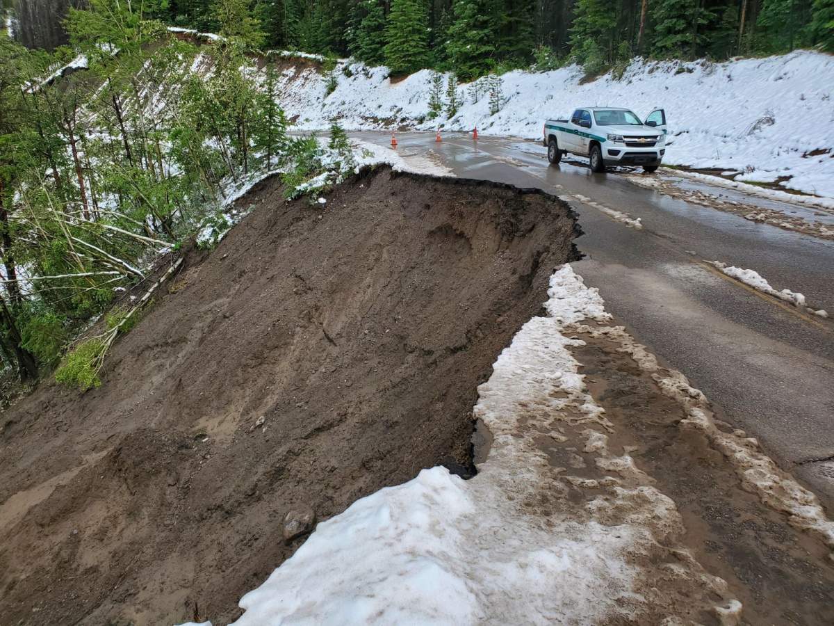 Heavy rain and snow caused part of Miette Road to wash out in Jasper National Park. Photo taken June 20, 2023.