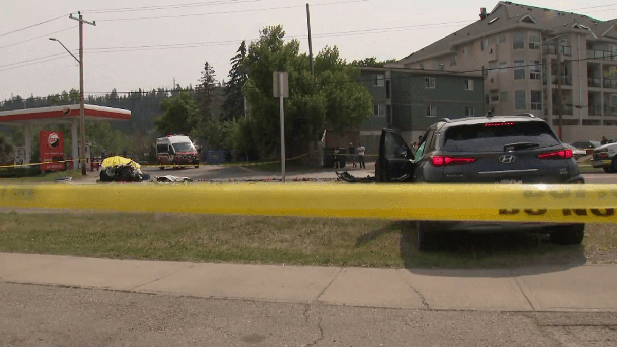 A pair of vehicles are at rest after a fatal collision in Calgary's Parkdale neighbourhood, on June 9, 2023.