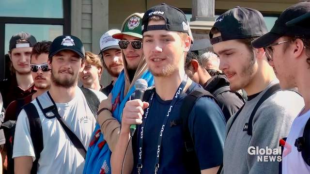 Peterborough Petes captain Shawn Spearing thanks the fans for their support outside the Peterborough Airport on June 3, 2023.