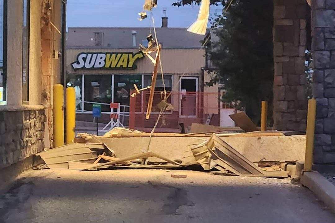 A photo of the damage that followed a person using a stolen backhoe from a nearby construction site to steal an ATM from the Rimbey Service Credit Union, Monday June 5, 2023.