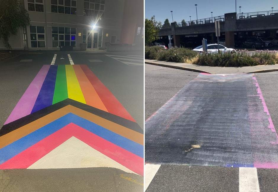 Photos show a newly-installed Pride crosswalk in Saanich before and after it was damaged.