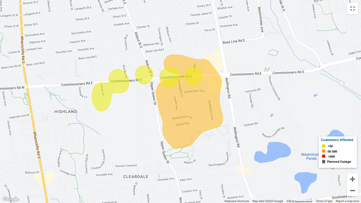 London Hydro is reporting power outages around the south end on Monday morning.