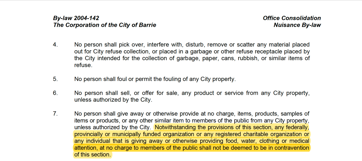 Screenshot of City of Barrie Bylaw 2004-142 section 7