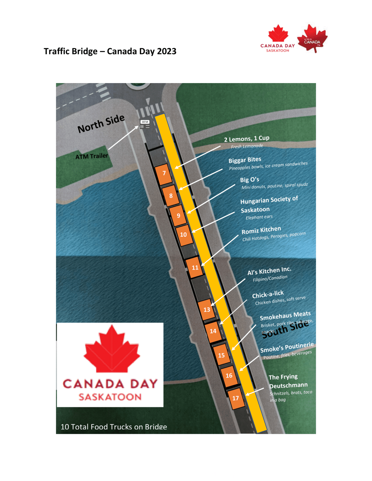 A layout of the food trucks located on the bridge for Canada Day in Saskatoon.