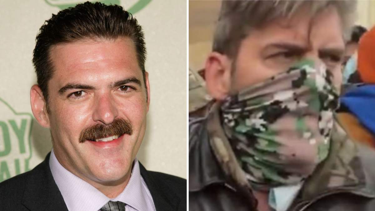 A split image. On the left is Jay Johnston. On the right is Jay Johnston with the bottom half of his face covered with a bandana.