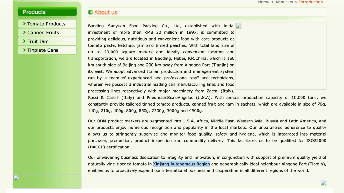 An archive of Chinese tomato paste manufacturer Baoding Sanyuan’s website, which shows that before June 2020 the company claimed its tomatoes were from Xinjiang.