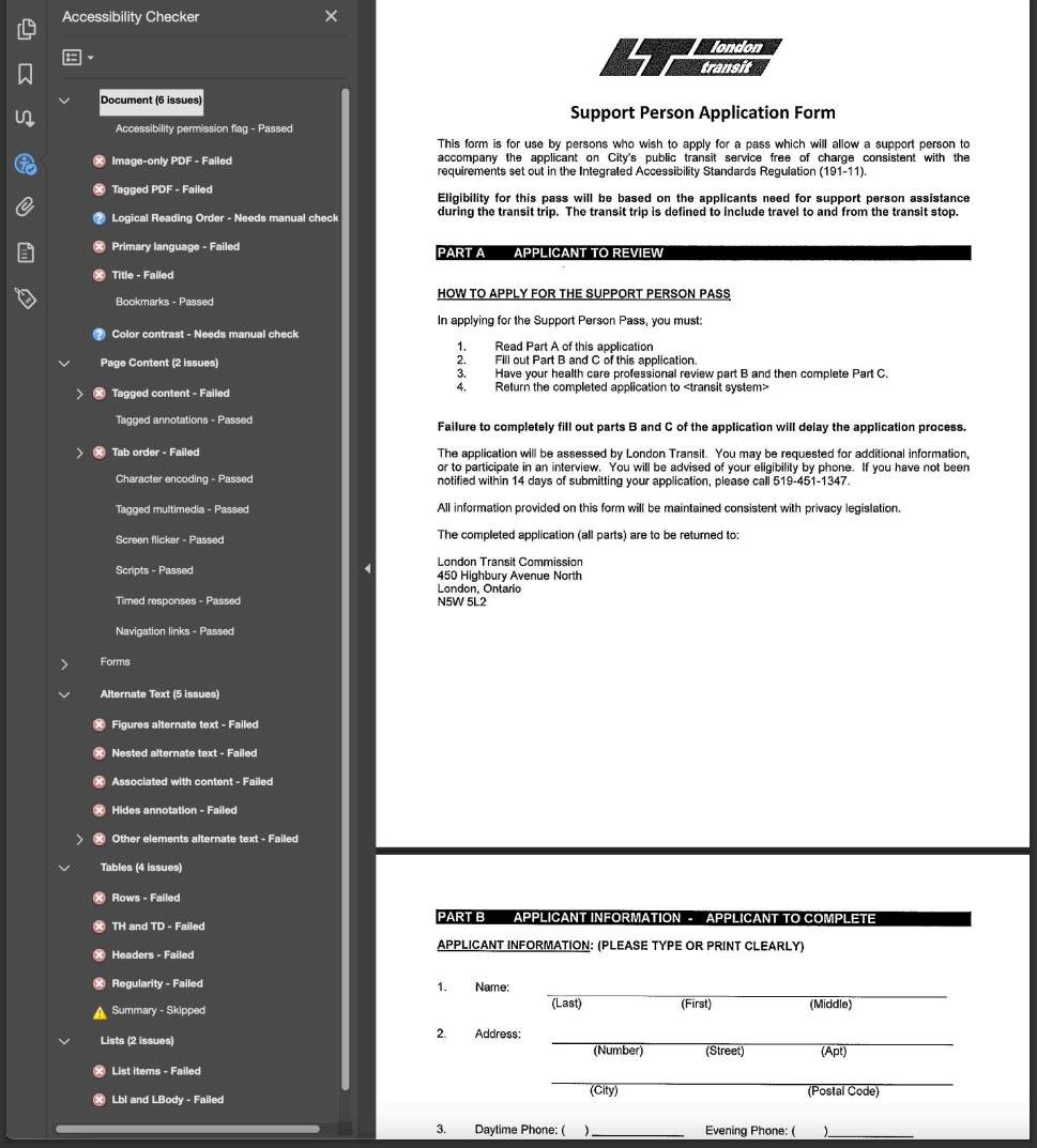 An image of a PDF from the London Transit Commission on the right with a column on the left tracking how accessible the page is.