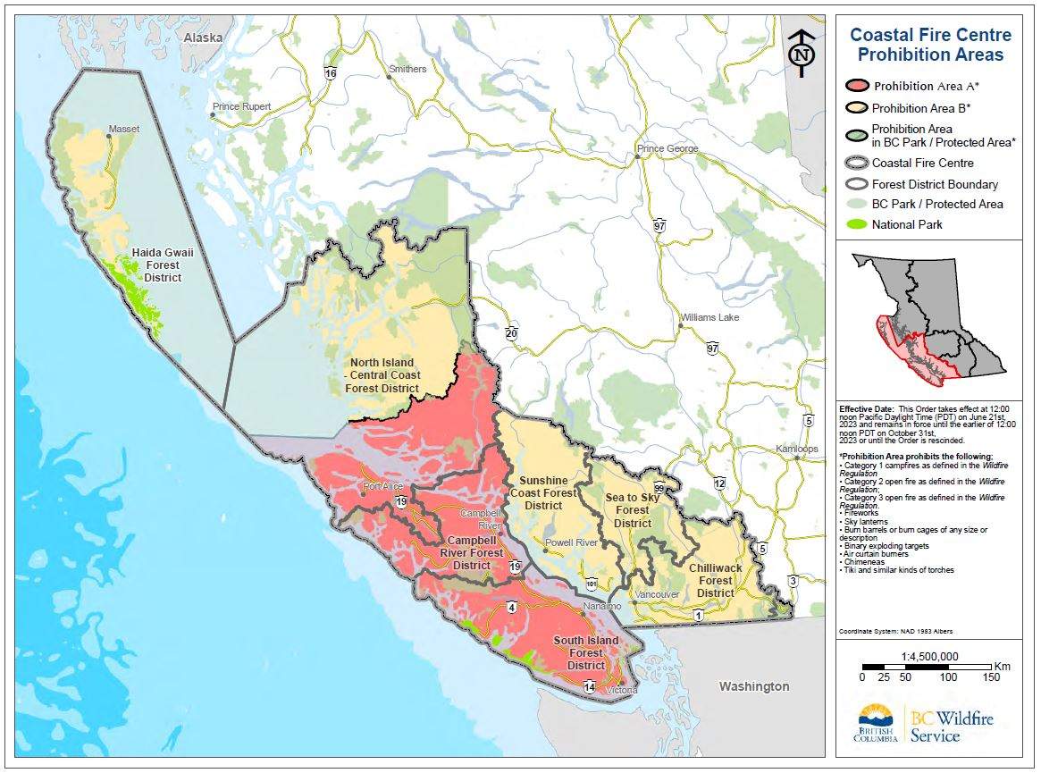 The state of campfire bans in B.C.’s coastal fire zone as of Wednesday, June 21 at noon. Campfires will be permitted in areas in yellow, but remain banned in areas in red.