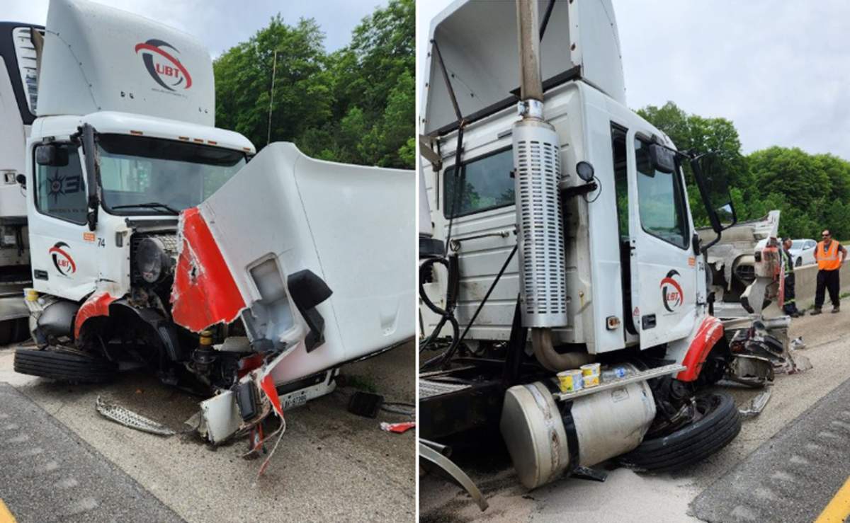 Police say the collision, which occurred in the westbound lanes near the Onroute plaza, occurred around 11:30 a.m.