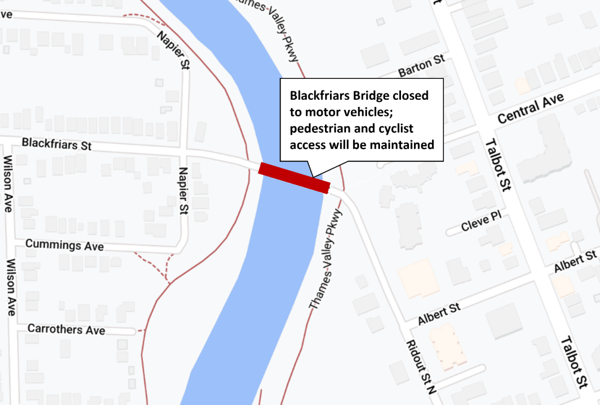 A map of Blackfriars Bridge, which will be temporarily closed to vehicles between June 26 and June 30 during the day.