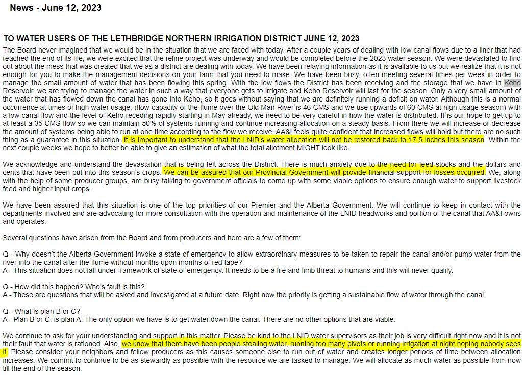 Post made on the Lethbridge Northern Irrigation District on June 12th.