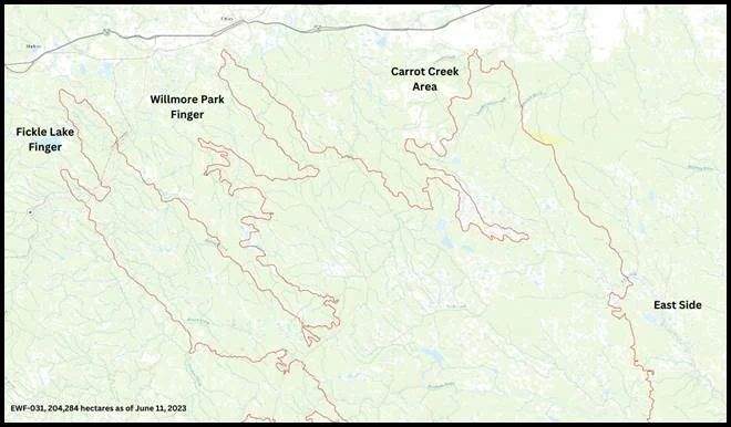 A map showing how close the EWF031 wildfire is to the town of Edson, Alta. on Monday, June 12, 2023. The fire is part of the Pembina Complex.