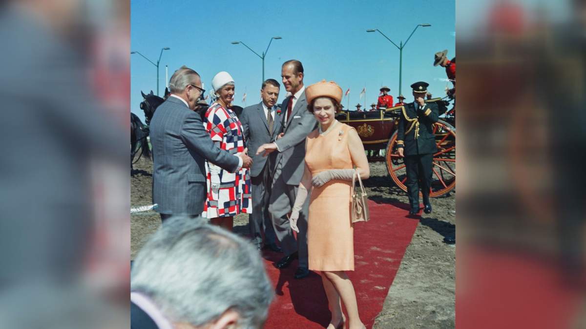 Queen Elizabeth and Prince Phillip arrive at the Assiniboia Downs in 1970.