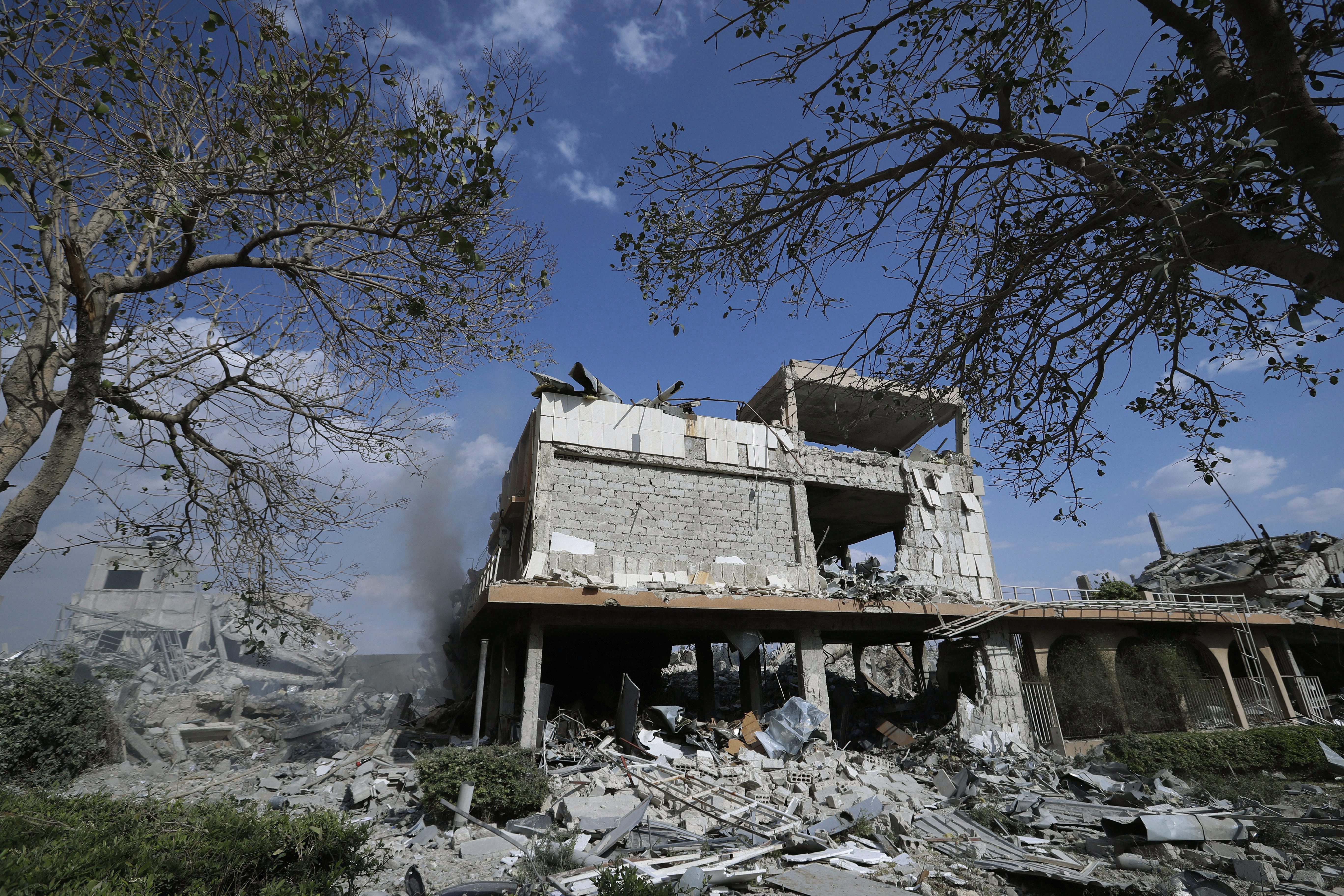 Syria’s Scientific Studies & Research Center after U.S., British and French airstrikes in response to a suspected chemical attack against civilians, in Barzeh, near Damascus, Syria, April 14, 2018. (AP Photo/Hassan Ammar)