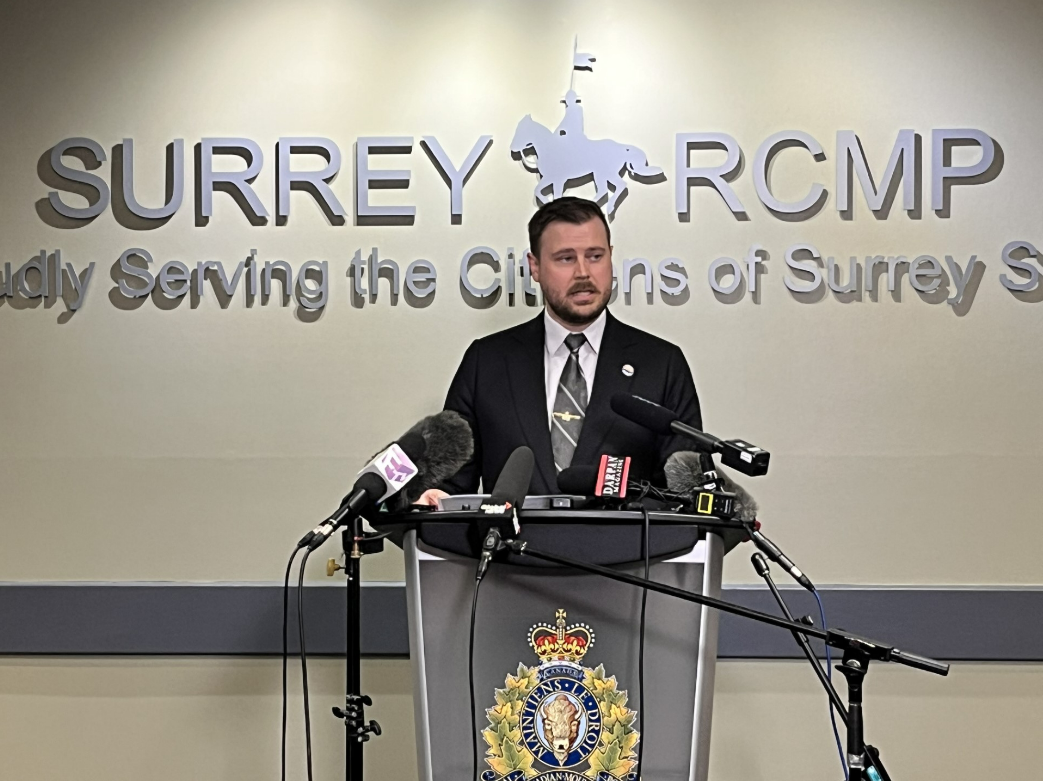 Sgt. Timothy Pierotti of the RCMP's Integrated Homicide Investigation Team (IHIT) speaks at a Mon. June 19, 2023, press conference about a high-profile shooting in Surrey, B.C.
