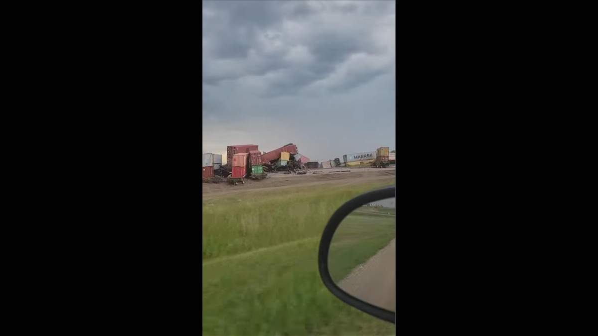 A train derailment near Biggar, Sask. Photo courtesy of Catherwood Organics on Facebook.