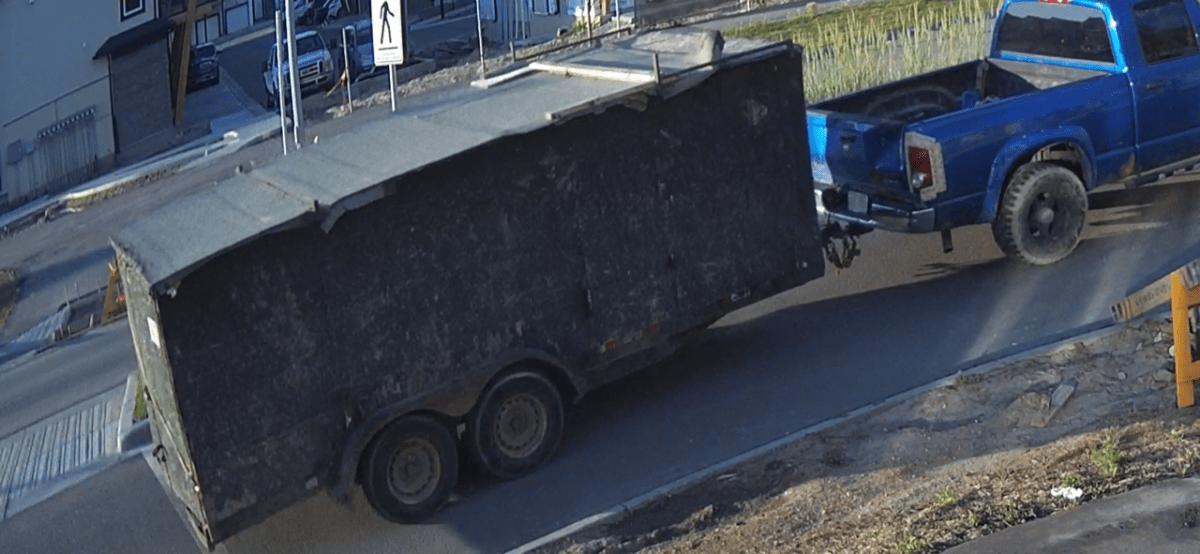 A CCTV image of a blue pickup truck Calgary police believe was involved in a hit-and-run on June 23, 2023.