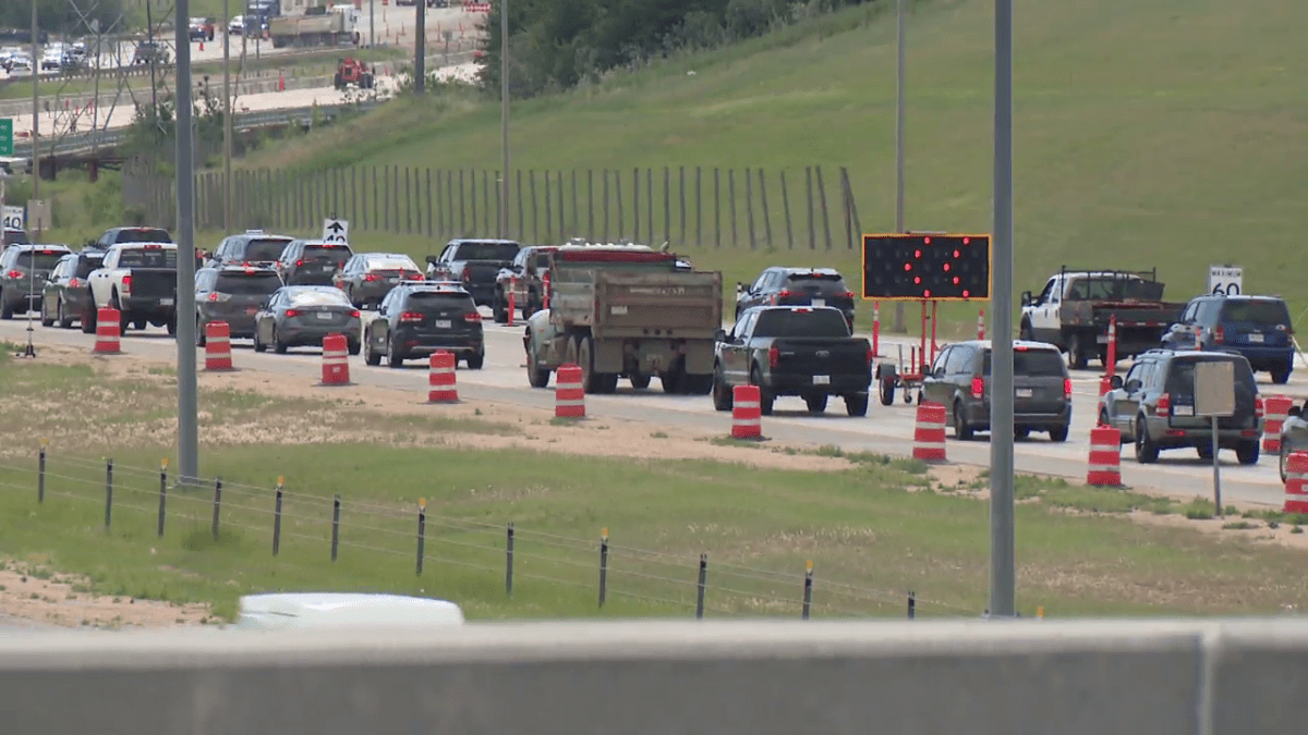 Traffic backed up on the southwest leg of Anthony Henday Drive in Edmonton on June 30, 2023.