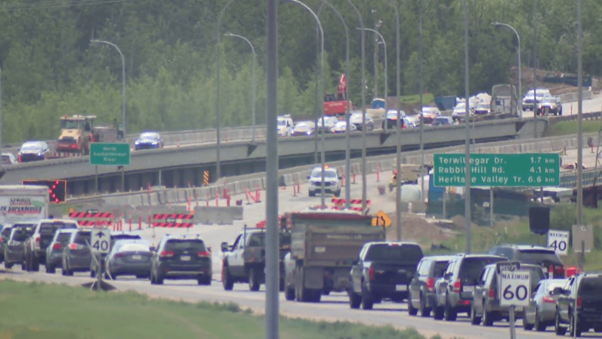 Traffic backed up on the southwest leg of Anthony Henday Drive June 30, 2023.