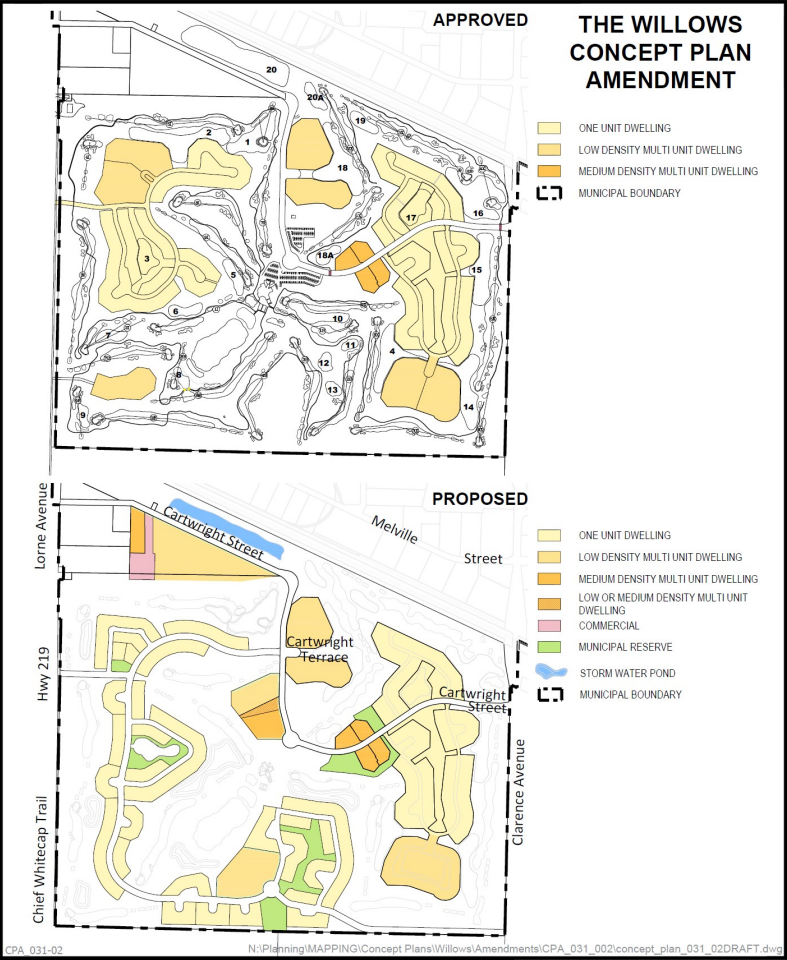 A comparison of the approved Willows concept plan and the proposed plan that was greenlit on Wednesday.