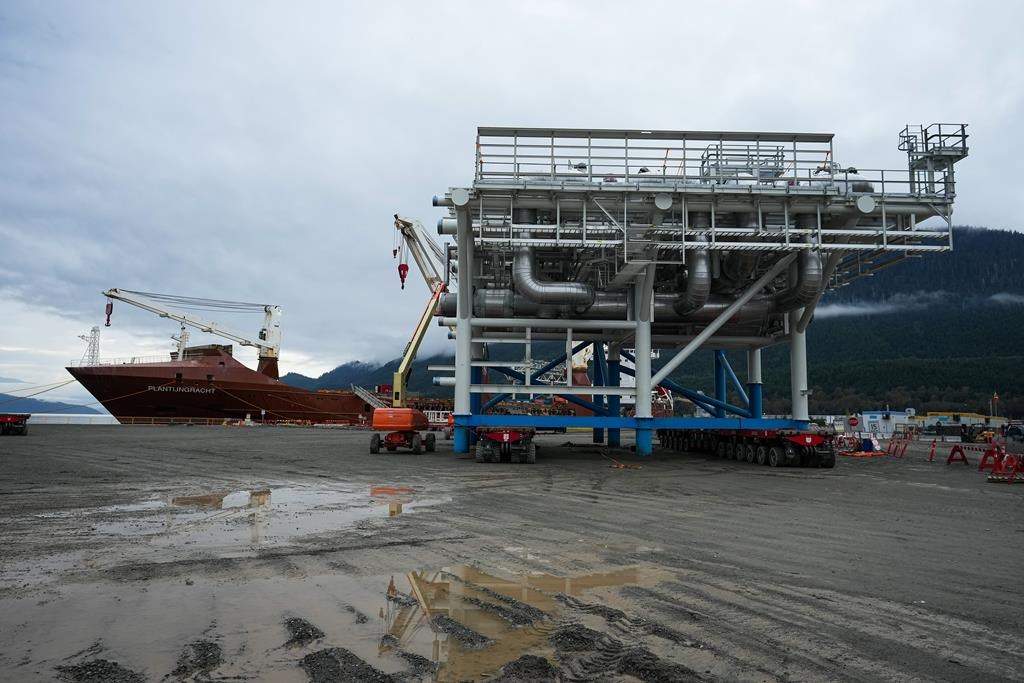 A module that arrived by ship is seen at the dock at the LNG Canada export terminal under construction in Kitimat, B.C., on Wednesday, Sept. 28, 2022.