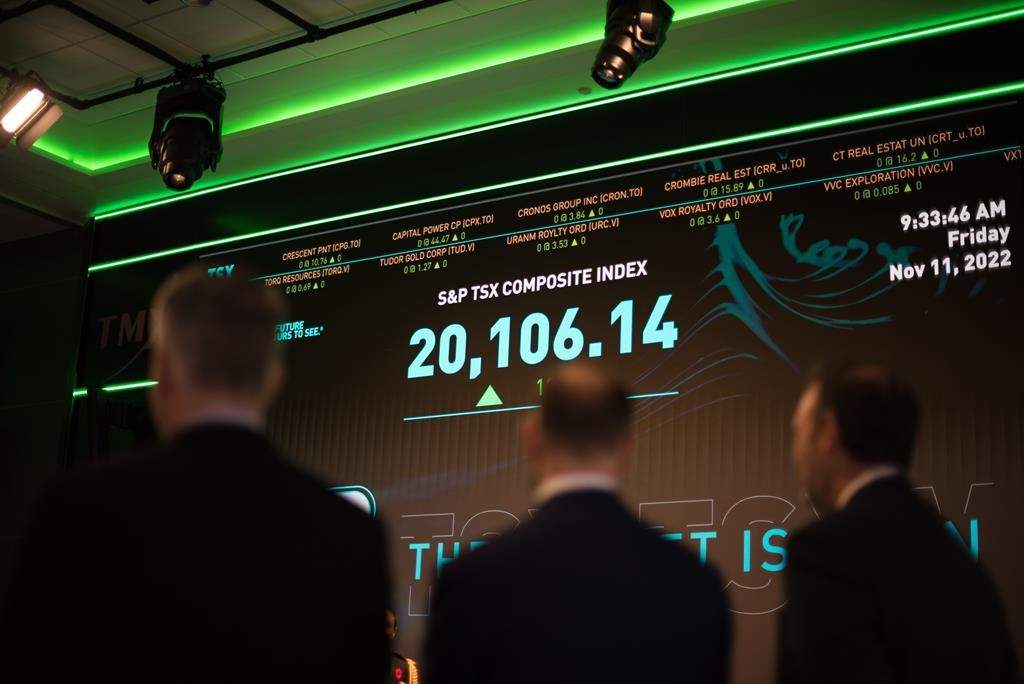 The S&P TSX composite index screen at the TMX Market Centre in downtown Toronto is photographed on Friday, Nov. 11, 2022. THE CANADIAN PRESS/Tijana Martin.