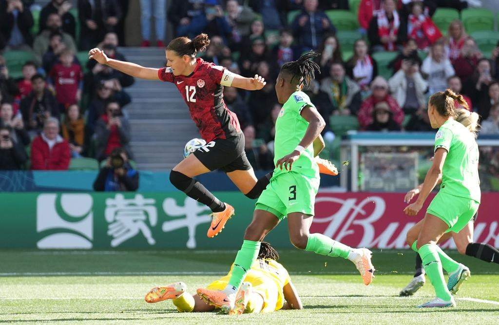 Canada’s Christine Sinclair competes for the ball against Nigeria during second half Group B soccer action at the FIFA Women’s World Cup in Melbourne, Australia, Friday, July 21, 2023.
