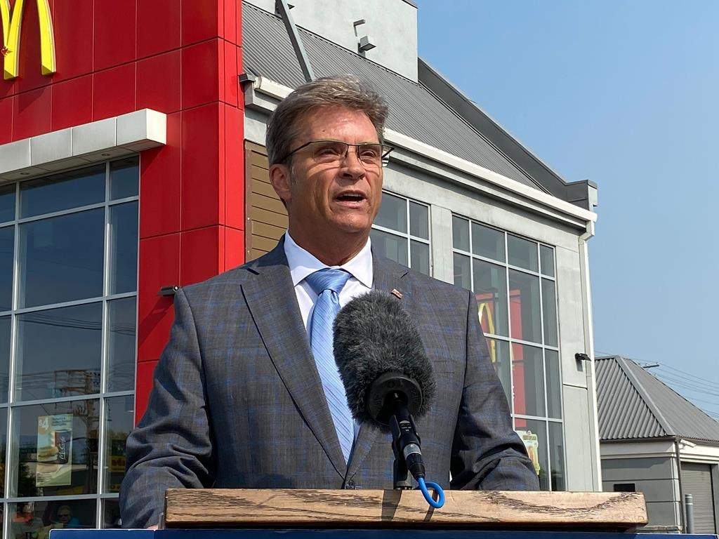 Manitoba Environment Minister Kevin Klein speaks to reporters in Winnipeg on Monday, July 31, 2023.