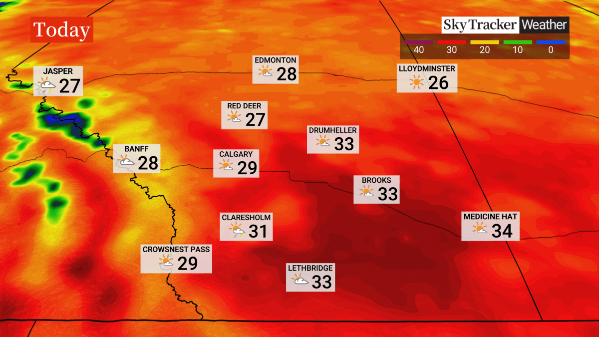 A map of forecasted temperatures for July 21, 2023. Environment and Climate Change Canada issued heat warnings for most of southern Alberta, with high temperatures expected to last into next week.