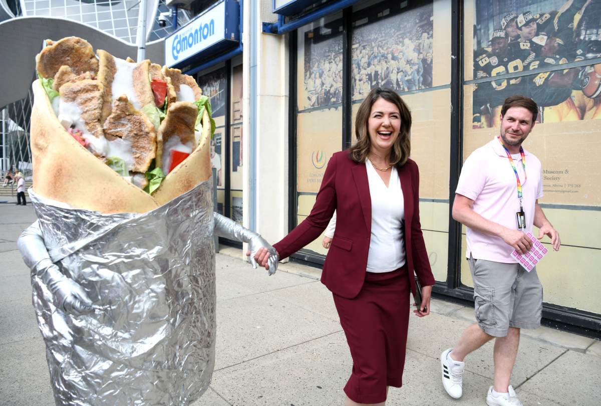 Alberta Premier Danielle Smith visited the Taste of Edmonton festival with the province's donair costume on Thursday, July 20, 2023.