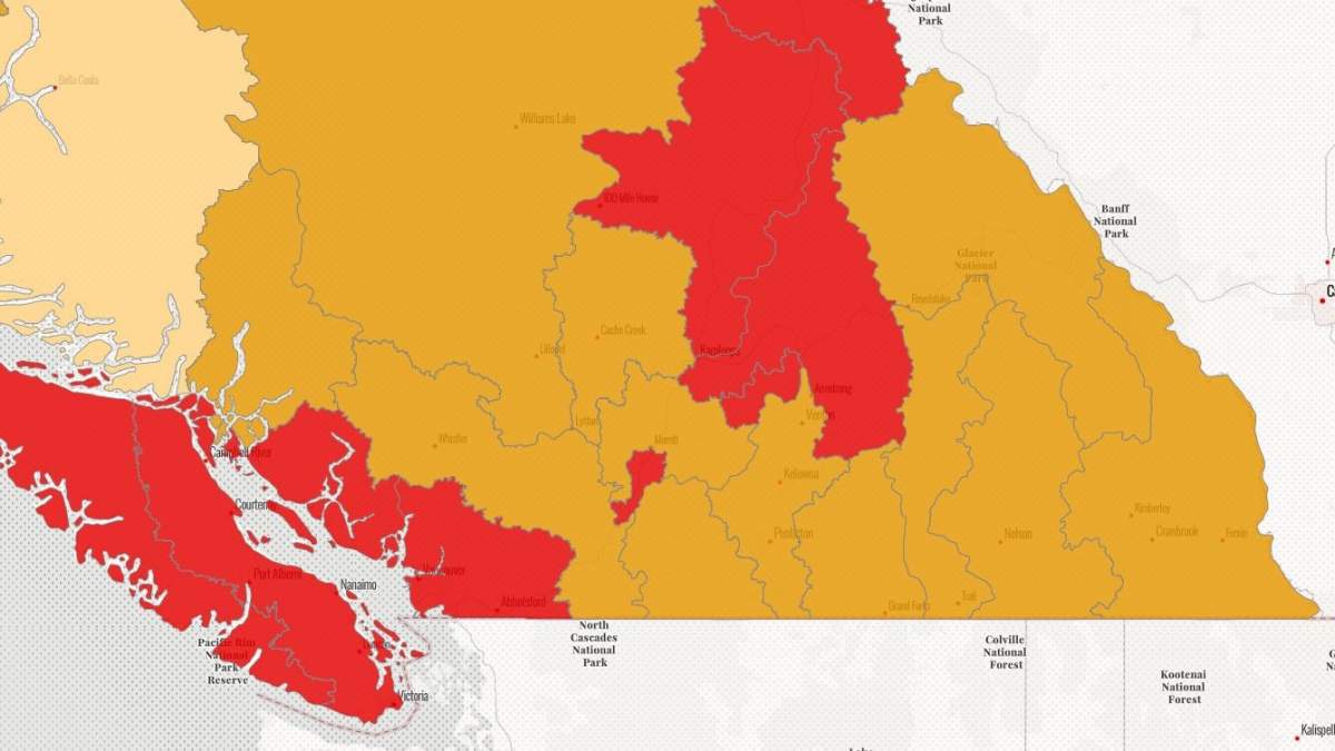 A map showing B.C.’s drought levels on July 11, 2023.