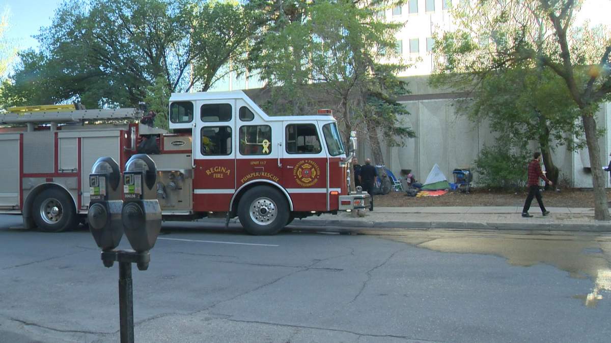 A small fire was reported at the tent encampment outside City of Regina. The fire was contained by Regina Fire and there was minimal damage.