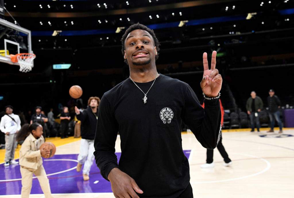 Bronny James, son of LeBron James, reacts after the basketball game between Los Angeles Lakers and Memphis Grizzlies Round 1 Game 6 of the 2023 NBA Playoffs against Los Angeles Lakers at Crypto.com Arena on April 28, 2023 in Los Angeles, California.
