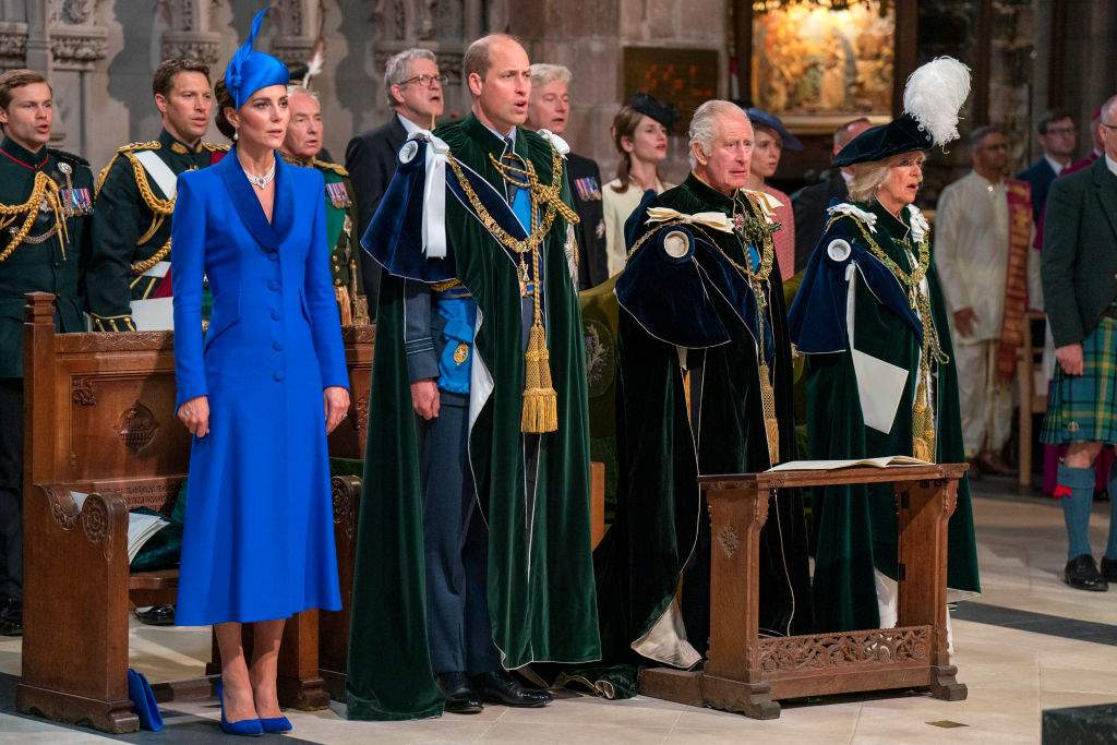 Catherine, Princess of Wales, known as the Duchess of Rothesay while in Scotland, Prince William, Prince of Wales, known as the Duke of Rothesay while in Scotland, King Charles III and Queen Camilla attend the National Service of Thanksgiving and Dedication for King Charles III and Queen Camilla, and the presentation of the Honours of Scotland, at St Giles’ Cathedral on Wednesday.