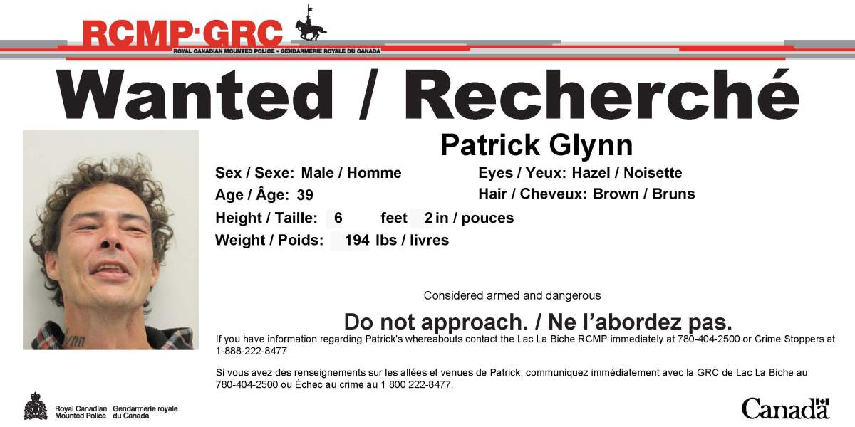 If you have information regarding the whereabouts of Patrick Glynn, please contact Lac La Biche RCMP at 780-404-2500 or your local police.