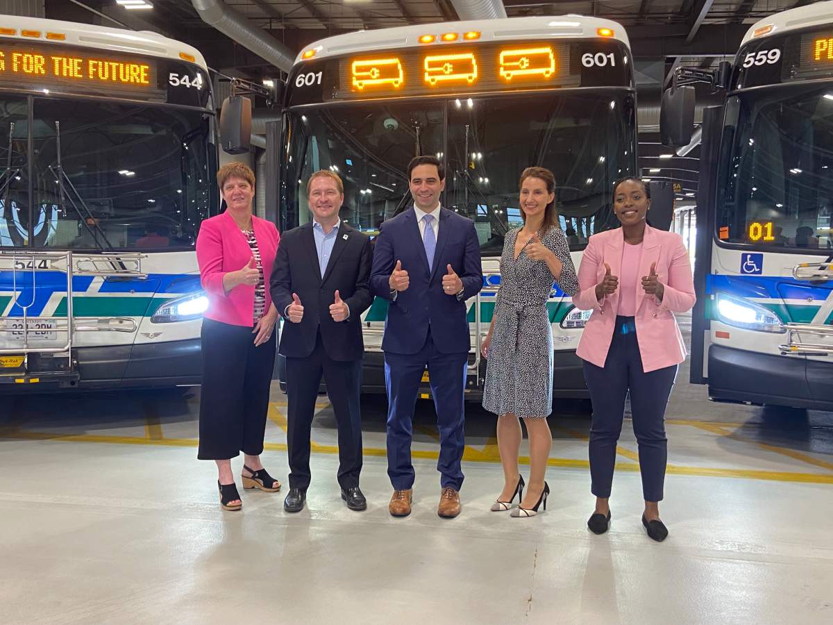 (Left): Kelly Paleczny, general manager of London Transit, Mayor Josh Morgan, Peter Fragiskatos, MP for London North Centre, Josipa Petrunić, president and CEO of CUTRIC, and Arielle Kayabaga, MP for London West.