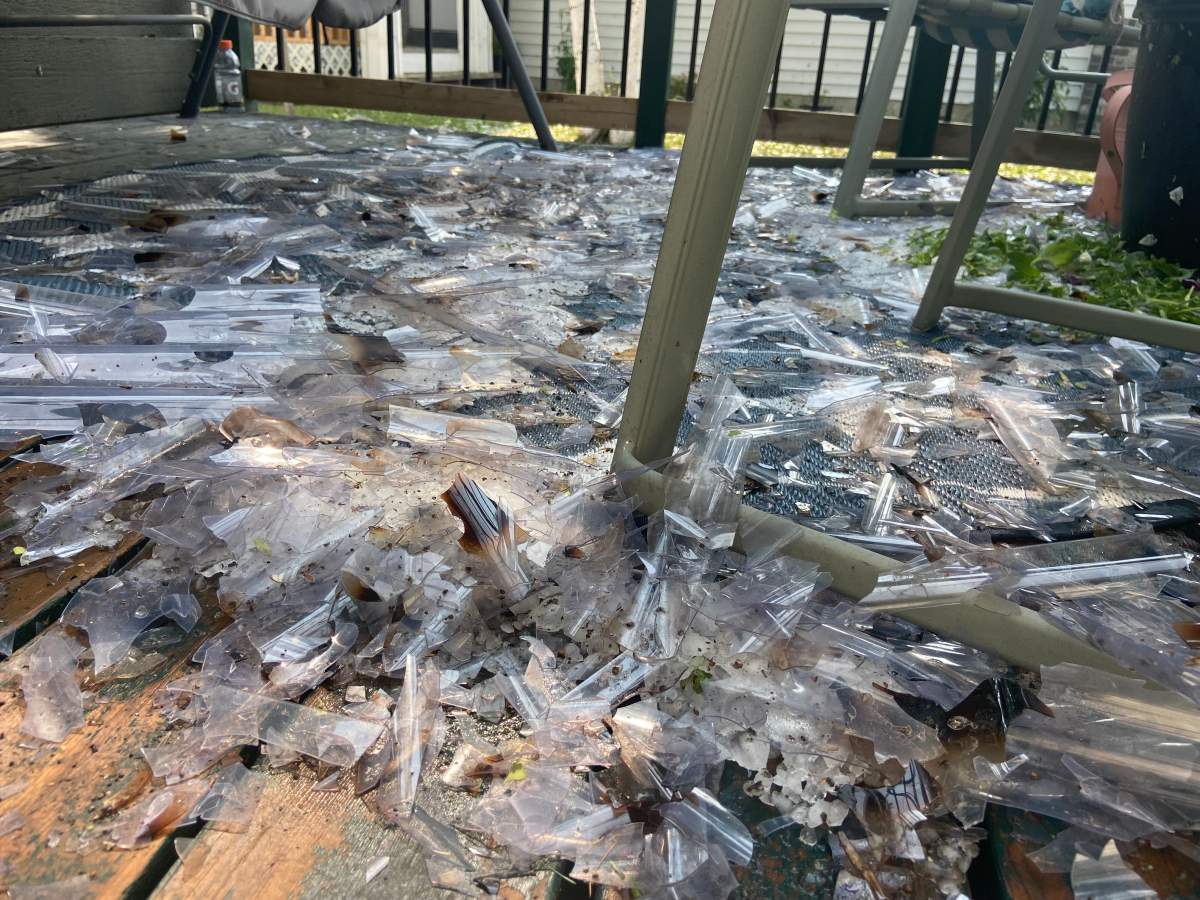 The patio roof of one Riverbend home was completely shattered during a hail storm Saturday, July 15, 2023.
